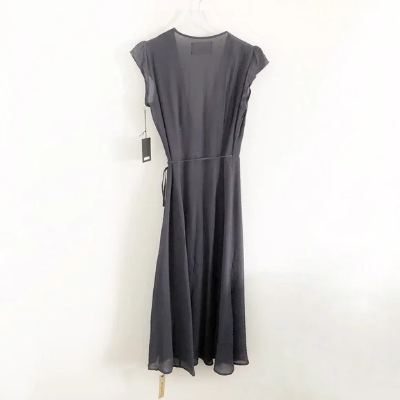 reformation • mollie blue indigo gray cap sleeve tie wrap midi fit flare dress - Picture 7 of 8